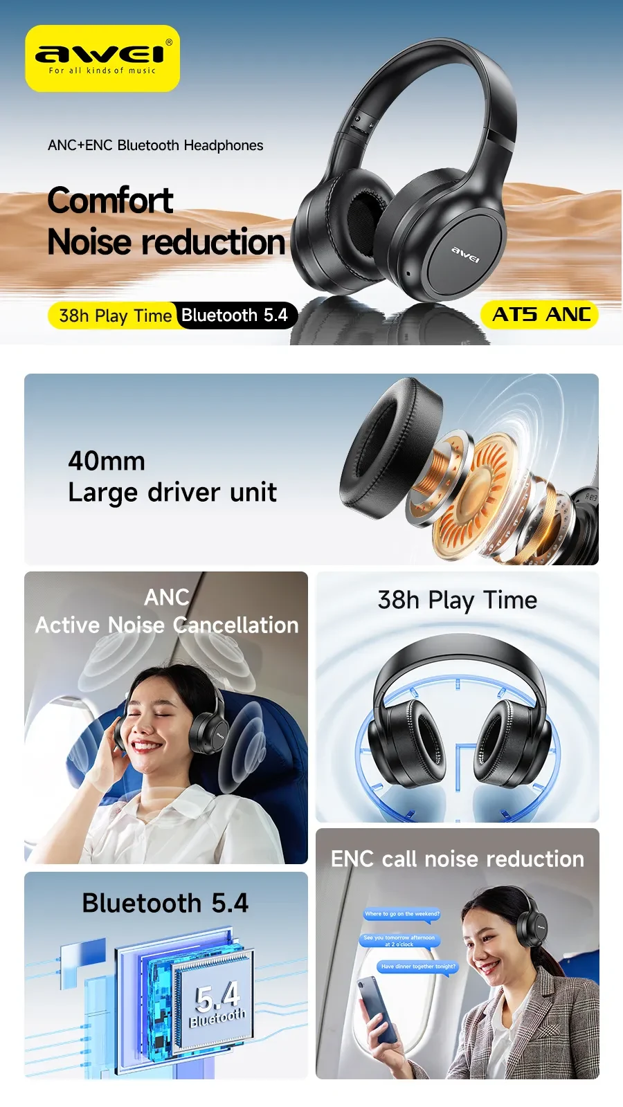 AWEI AT5 ANC ENC Wireless Headset - 2